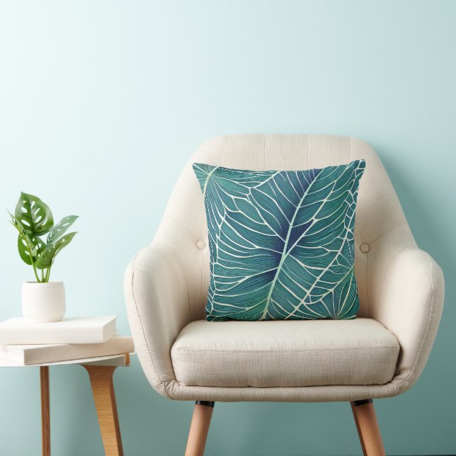 Coussin Aquarelle Bleu Vert Turquoise Feuilles tropicaux (Chaise)