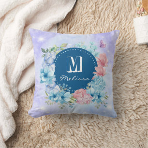 Coussin Aquarelle bleu violet moderne brillant Floral