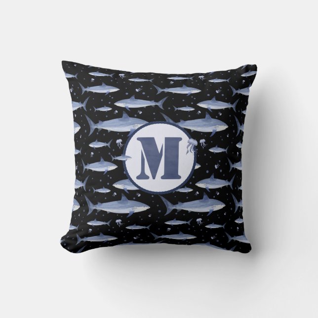 Coussin Aquarelle bleue Monogramme Motif de méduse de requ (Recto)