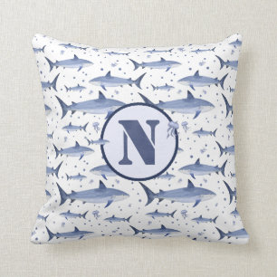 Coussin Aquarelle bleue Monogramme Motif de méduse de requ