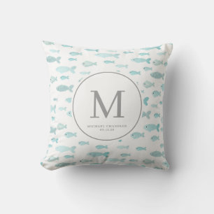 Coussin Aquarelle bleue Poisson bébé Garçon Pépinière Mono
