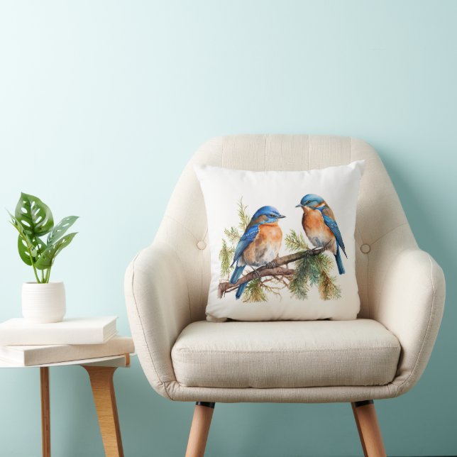 Coussin Aquarelle Bluebirds sur le pin (Chaise)