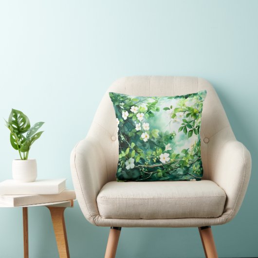 Coussin Aquarelle botanique Fleurs blanches Feuilles verte (Chaise)