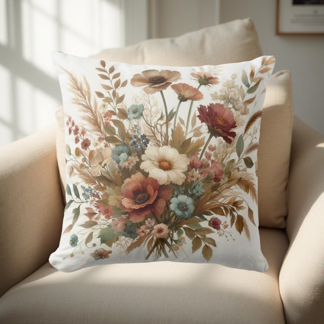 Coussin Aquarelle botanique Terre fleurs d'automne (Créateur téléchargé)