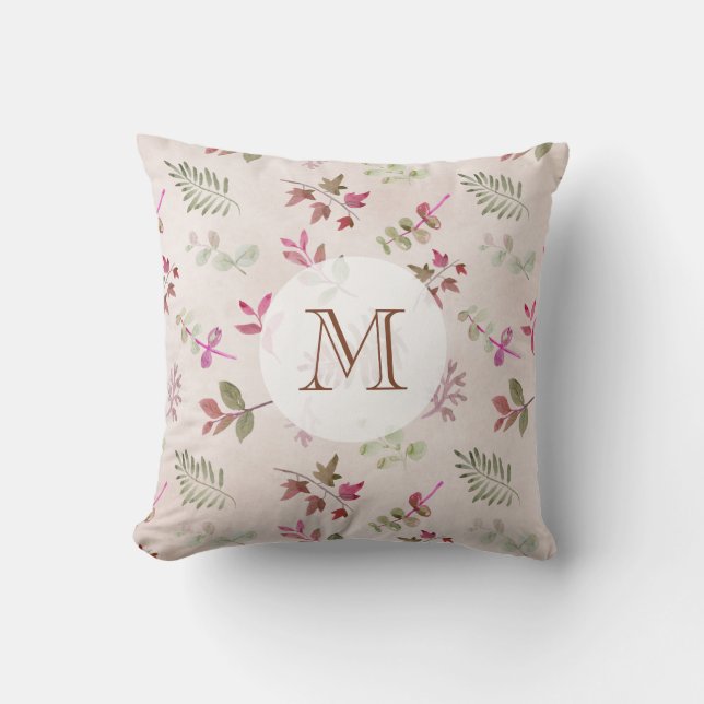 Coussin Aquarelle Bourgogne Feuilles & Monogramme de feuil (Recto)