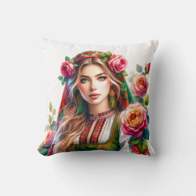 Coussin Aquarelle Bulgare Roses & Folk Femme Ethnique (Recto)