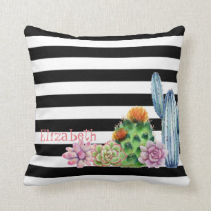 Coussin Aquarelle Cactus, Blancs Succulents Noirs