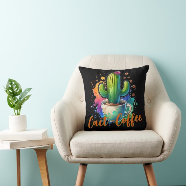 Coussin Aquarelle Cactus qui aime le café (Chaise)