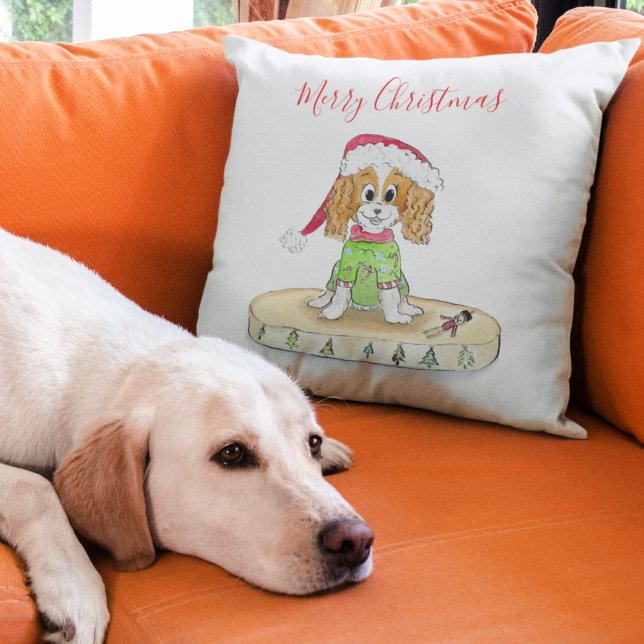 Coussin Aquarelle Cavalier King Charles Spaniel Noël   (Créateur téléchargé)