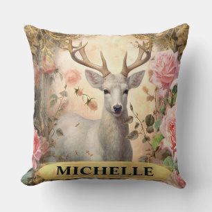Coussin Aquarelle Cerf Blanc Vintage et Roses Roses