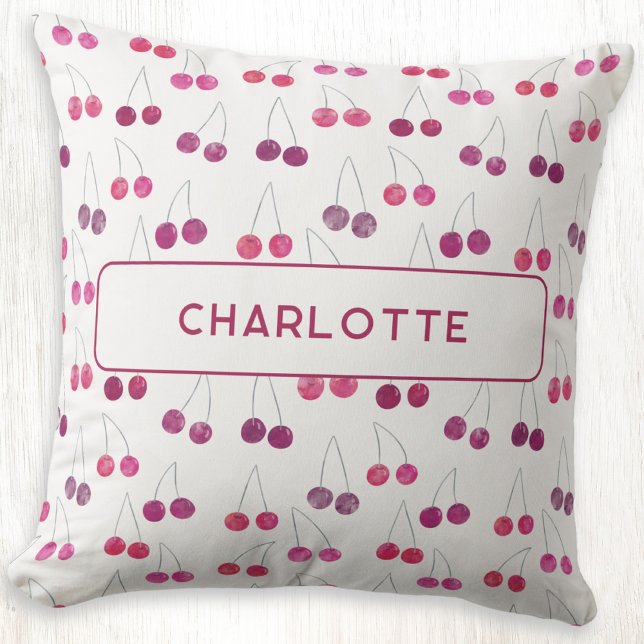 Coussin Aquarelle cerise personnalisée (Personalized custom name watercolor cherriespattern throw pillow)