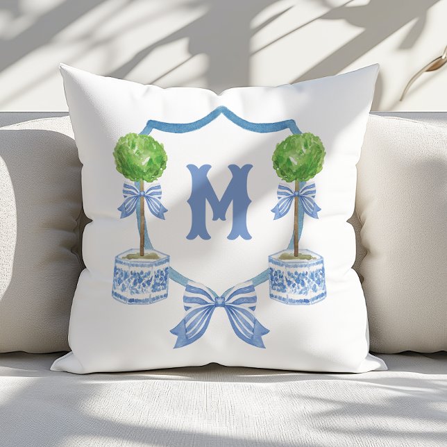 Coussin Aquarelle Chinoiserie Topior Monogramme Crest (Créateur téléchargé)