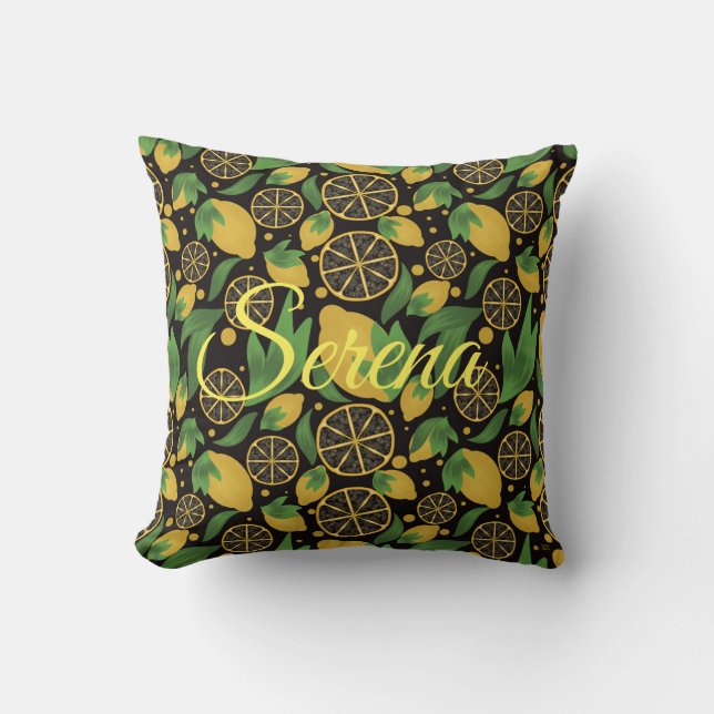 Coussin Aquarelle Citron Fruit Noir Personnalisé (Recto)