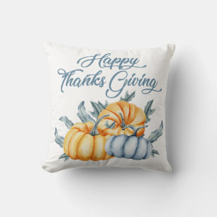 Coussin Aquarelle citrouille Thanksgiving orange bleu