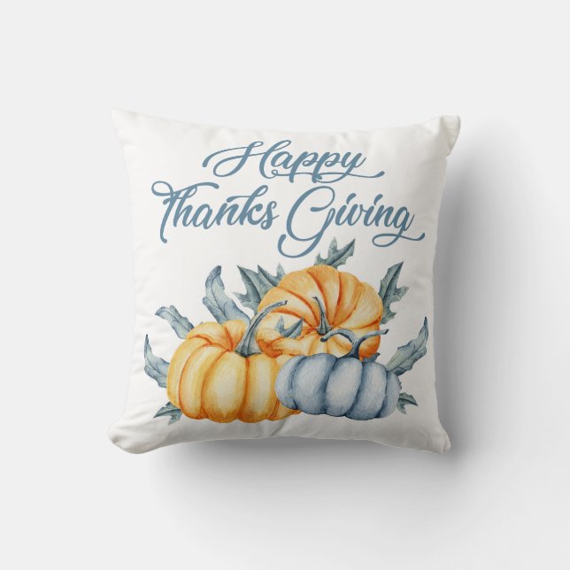 Coussin Aquarelle citrouille Thanksgiving orange bleu (Recto)