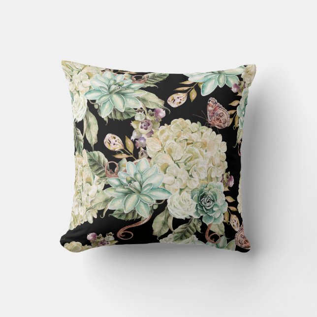 Coussin Aquarelle claire : Motif Rose Hydrangea. (Recto)