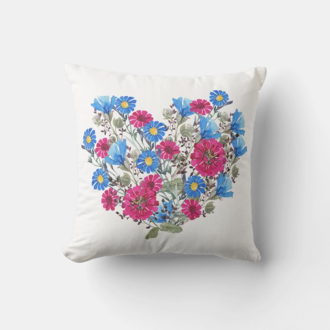 Coussin Aquarelle coeur fleuri, arang fleur sauvage lumine (Recto)
