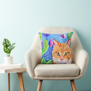 Coussin Aquarelle colorée Art Chat orange et fleurs