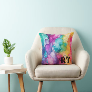 Coussin Aquarelle colorée moderne Monogrammes Initiales