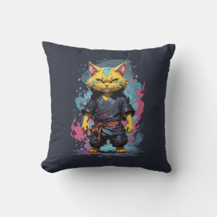 Coussin Aquarelle cool Jaune Ninja Chat Guerrier
