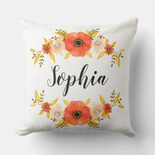 Coussin Aquarelle Coral Floral Wreath Nom personnalisé