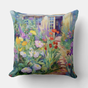 Coussin Aquarelle Cottage Jardin rempli de fleurs
