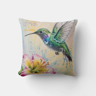 Coussin Aquarelle couleur colibri et fleurs