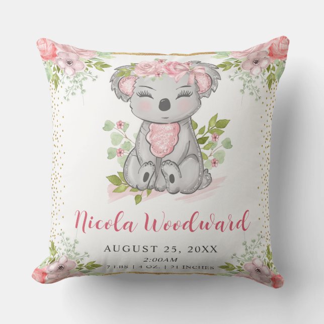 Coussin Aquarelle Cute Floral Koala Baby Stats de naissanc (Recto)