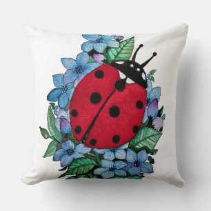 Coussin Aquarelle Cute Ladybug Avec Fleurs Bleues Sauvages