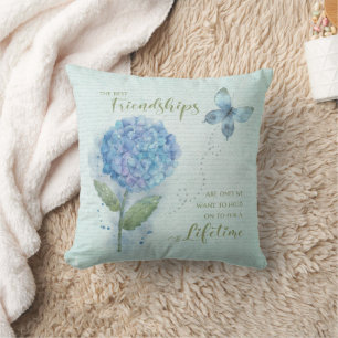 Coussin Aquarelle d'amitié Hydrangea bleue et papillon