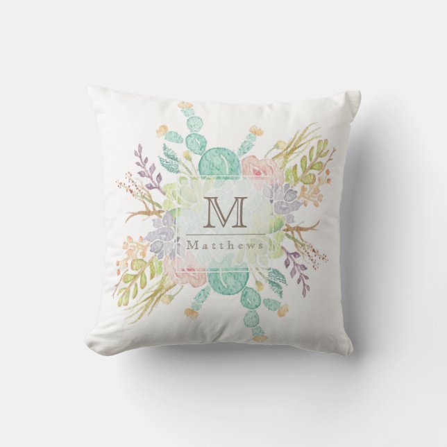 Coussin Aquarelle de bouquet Succulente | Initiale (Recto)