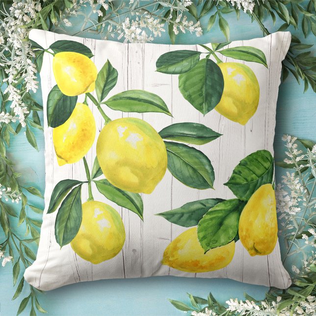 Coussin Aquarelle de citrons rustiques frais, bois blanc d (Créateur téléchargé)