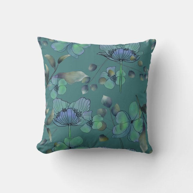 Coussin Aquarelle de couleur verte florale bleue abstraite (Recto)