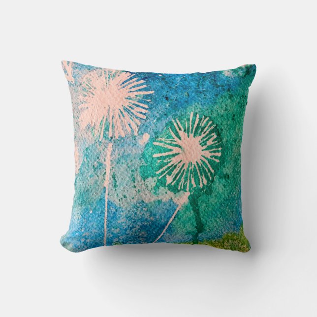 Coussin Aquarelle de Dandelion bleu et vert abstrait (Recto)