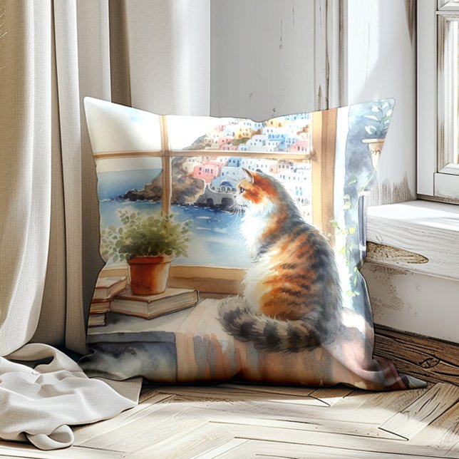 Coussin Aquarelle de la fenêtre du chat Méditerranée (Cat in the window pillow)