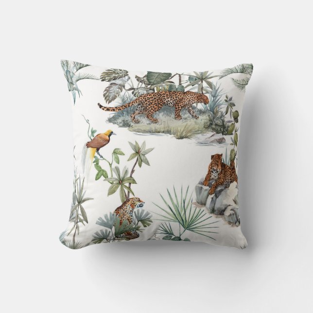 Coussin Aquarelle de la jungle léopard Scène tropicale (Recto)