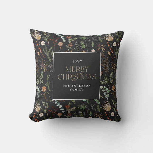 Coussin Aquarelle de Noël botanique floral foncé moody (Recto)