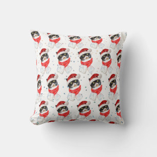 Coussin Aquarelle de Noël Chat Tricolée avec Écharpe