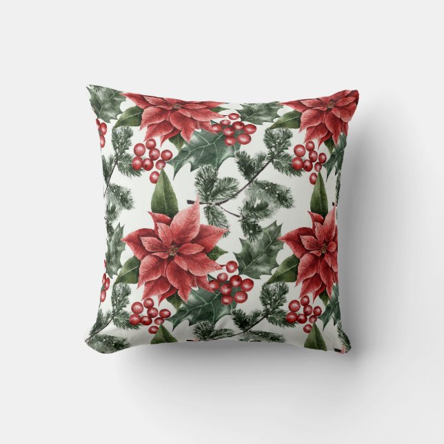 Coussin Aquarelle de Noël Poinsettia Motif (Recto)