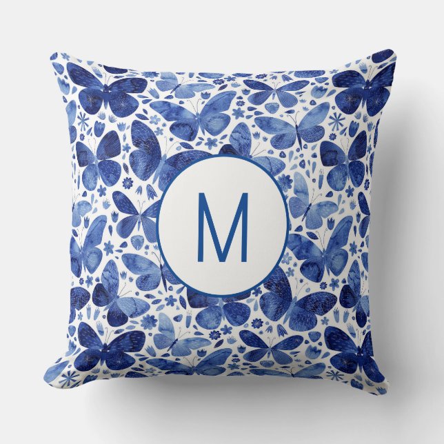 Coussin Aquarelle de papillon monogramme bleu (Recto)