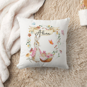 Coussin Aquarelle de Pâques de lapin rose personnalisée