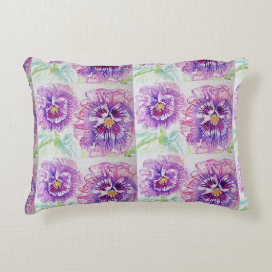 Coussin aquarelle de pensées violettes et roses (Devant)