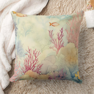 Coussin Aquarelle de plage côtière Corail et poisson