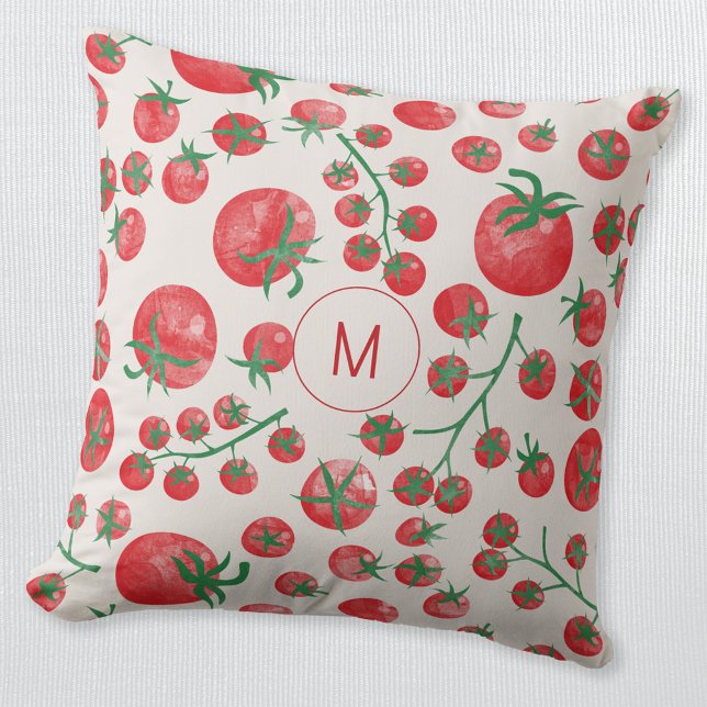 Coussin Aquarelle de tomate Monogramme méditerranéen initi (Fun watercolor tomato Mediterranean pattern monogram initial personalized throw pillow)