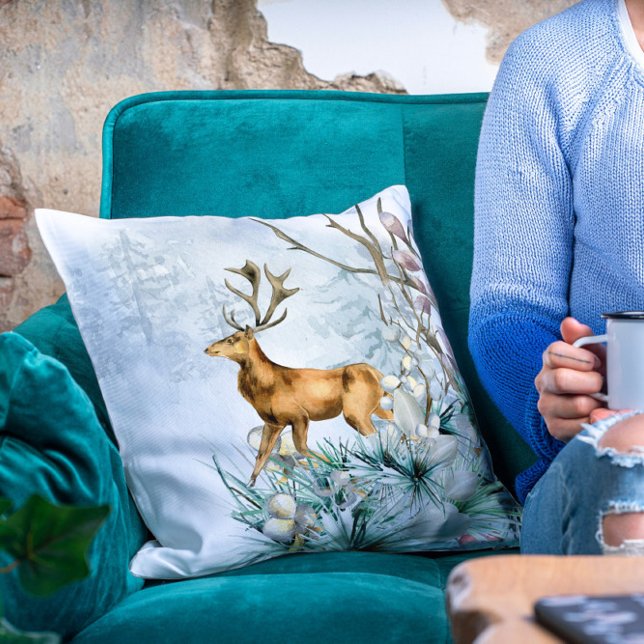 Coussin Aquarelle Deer Stag Hiver Floral (Créateur téléchargé)
