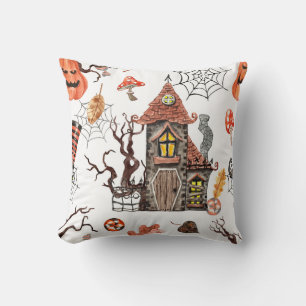 Coussin Aquarelle d'Halloween : Haunted House Motif.