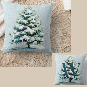 Coussin Aquarelle d'hiver chic Aiguille neige Monogramme