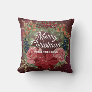 Coussin Aquarelle d'hiver florale couronne poinsettia roug