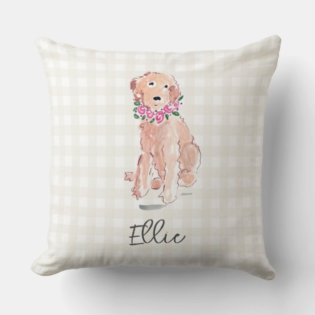 Coussin Aquarelle Doré Doodle Fleurs de chien NOM (Recto)