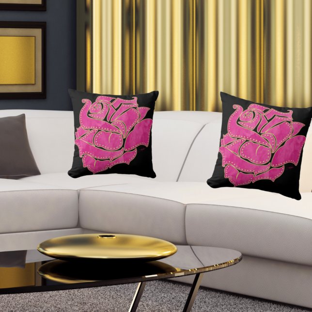 Coussin Aquarelle dorée rose Rose Black Throw Pill (Créateur téléchargé)
